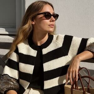 (Nude) Striped Long Glitter Sequin Sleeve Open Front Cardigan Sweater-38
